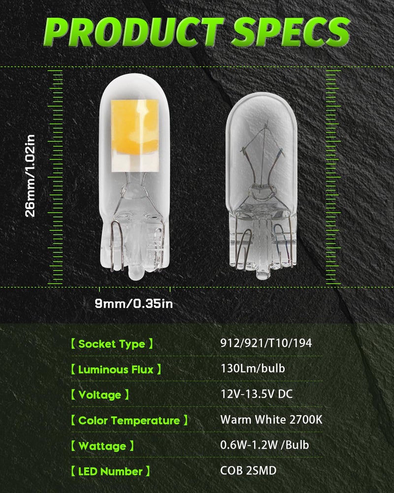 Alopee 4 Pack 194 Bulb Warm White Led 2700K Replacement for 168 194 W5W T10 Led Bulb RV Lights Under Cabinet Lights DC 12V Only - Image 3